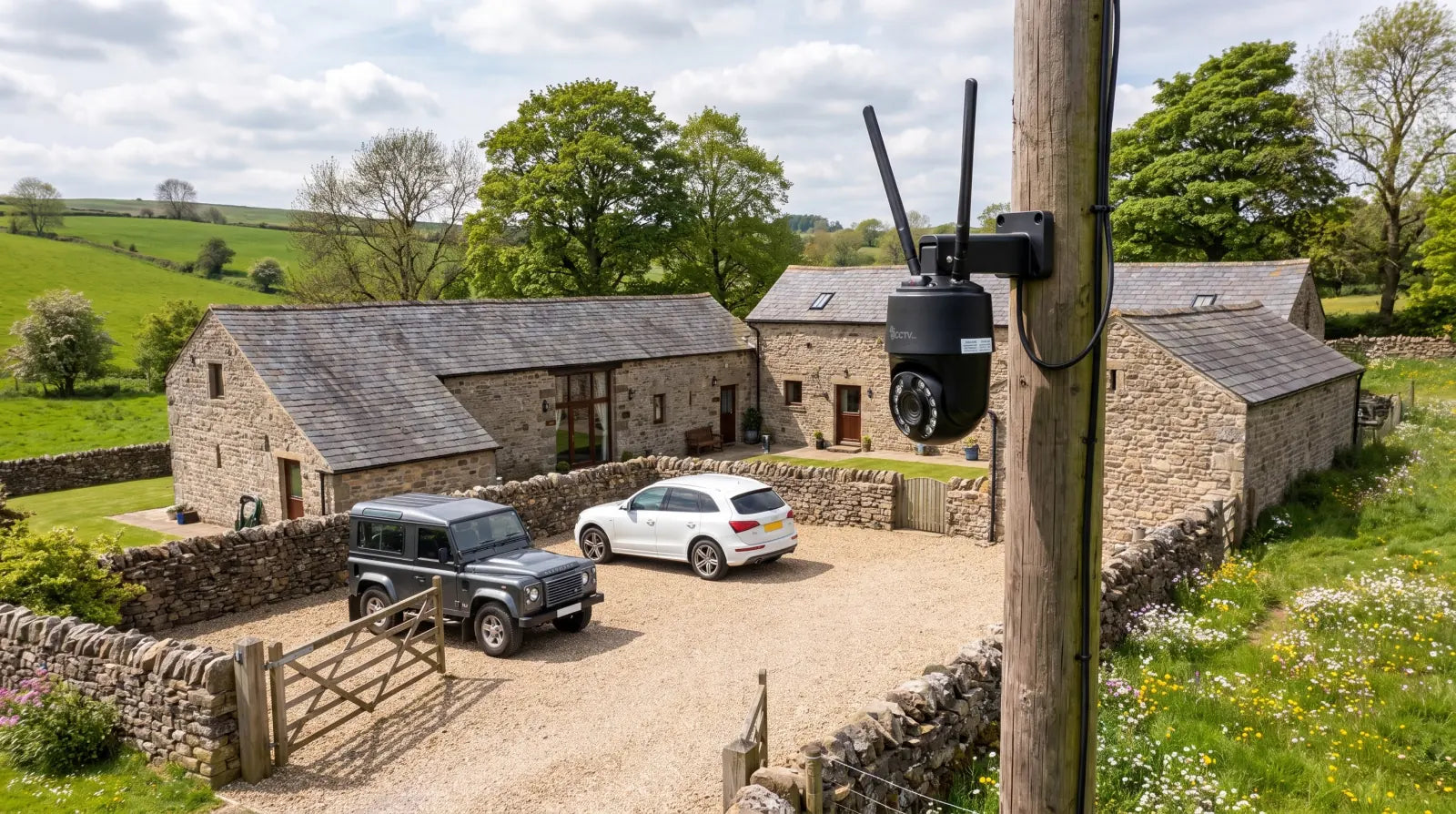 Mains-powered Mini PTZ camera securing a rural holiday cottage entrance and parking area