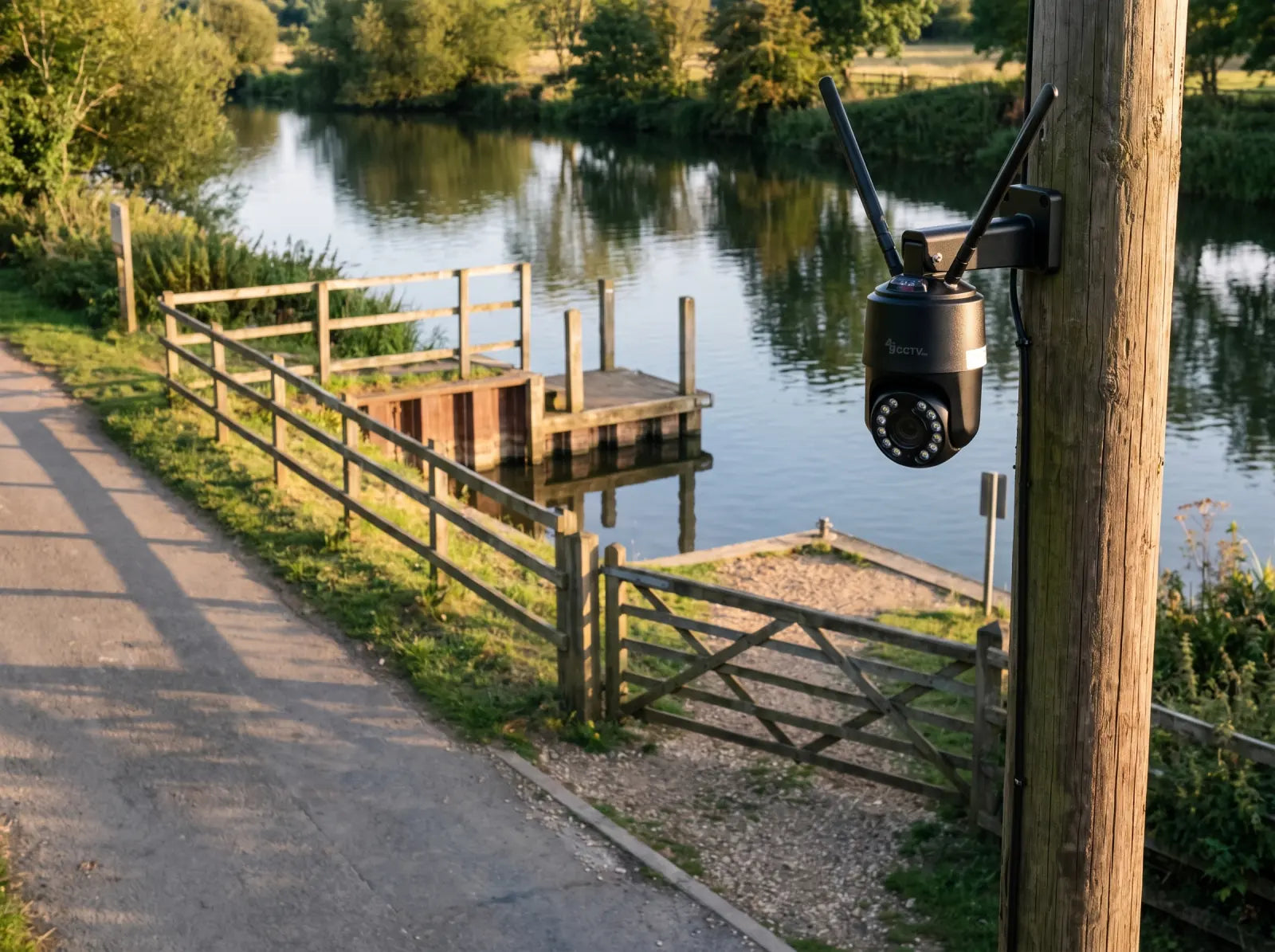 Mini PTZ camera monitoring the gated approach to a rural riverside boat slip