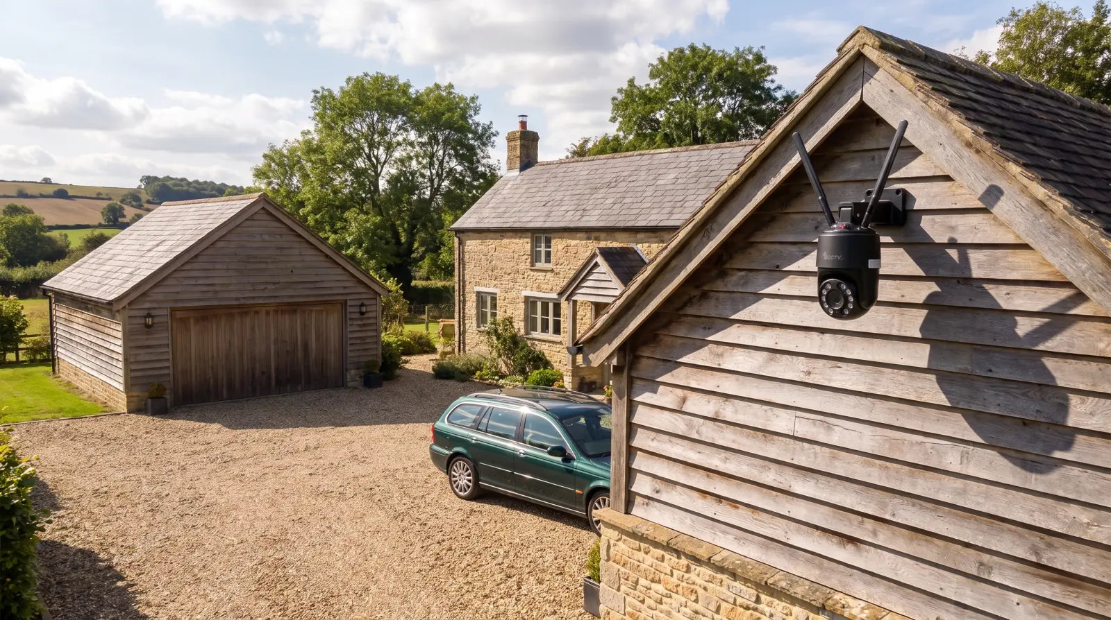 Mini PTZ camera monitoring the driveway and outbuildings of a rural UK home