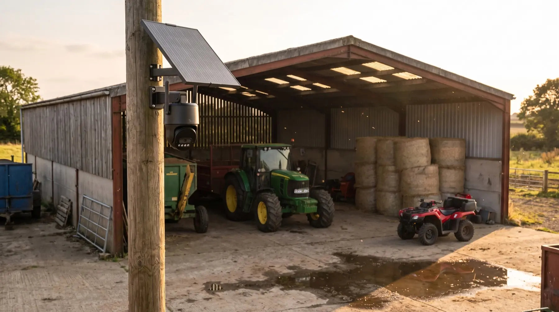 Solar 360 camera and panel protecting farm machinery in a rural yard