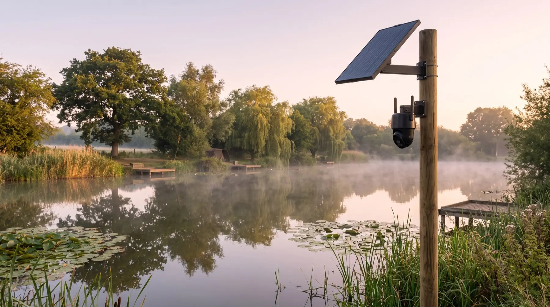 Solar 4G camera overlooking a fishing lake at dawn