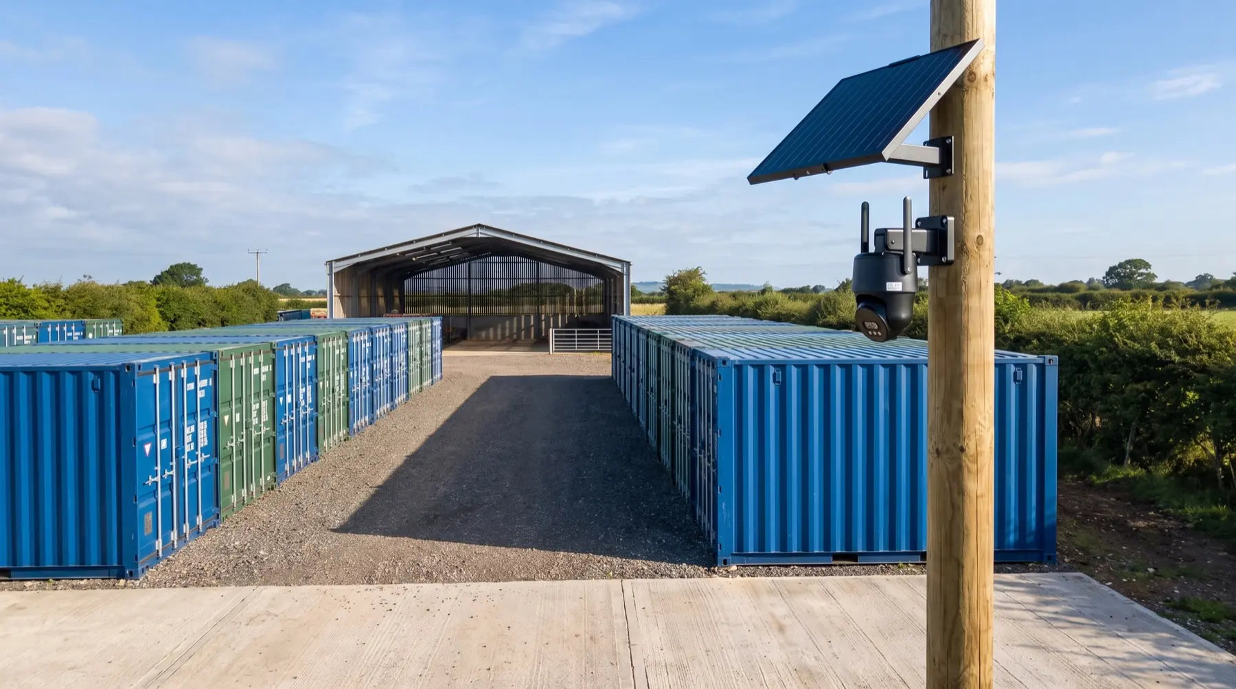 Solar-powered 4G camera overlooking an off-grid container storage site